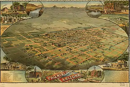 The original lithograph of the "Bird's Eye view of Phoenix" map created by Czar J. Dyer is located inside the Smurthwaite House's main room.