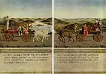 Allegories on the back of the double portrait of Battista Sforza and Federico Montefeltro, by Piero della Francesca, c. 1465-1472.  Horses pull Federico’s car and Battista’s is pulled by unicorns.