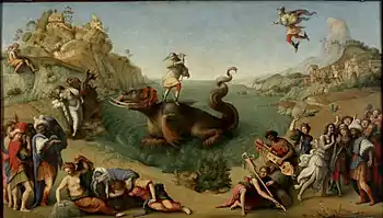 Piero di Cosimo, Perseus Freeing Andromeda, c. 1510. The hero is depicted with winged sandals, while Andromeda is clothed, unlike in many later paintings.