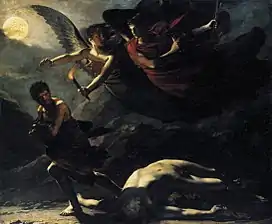 darkly shaded painting of two winged angels chasing man, who runs away from a fallen, naked body