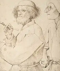 Pieter Brueghel the Elder, The Painter and The Buyer, c.1565, pen and ink on brown paper, presumed to be a self-portrait. Antwerp