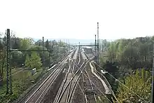 View over the Pirna town bridge on the tracks of the Dresden–Děčín railway to the station