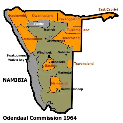 Allocation of land to bantustans according to the Odendaal Plan. Grey is Etosha National Park