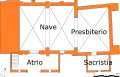 Floor plan of the church showing the church porch (atrio), nave, Presbytery, and sacristy (sacristía).