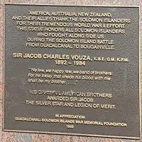 Plaque on the Sir Jacob Vouza memorial at Rove, Honiara Solomon Islands – 1989