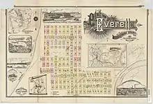 A map of a city with a grid of streets and marked lots. Several images and other maps are framed around the diagram.