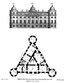 Line-drawing of the front-elevation of an imagined four-story stately home having a central portico with four columns and round towers at left and right corner; beneath which is a floorplan of the building showing its equilateral triangular form.