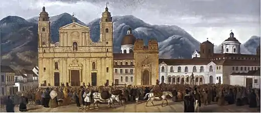 Plaza de Bolívar and cathedral in 1840 by José Santos Figueroa