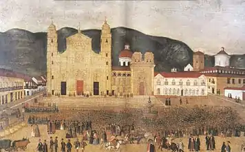 Plaza de Bolívar in 1844, oil by Santiago Castillo Escallón