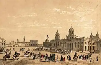 Colonial Plaza de Armas de Santiago in 1854 by Claude Gay. In the foreground you can see the still intact Palace of the Real Audiencia of Chile, and in the background the unfinished Cathedral, both built by the Italian Joaquin Toesca.