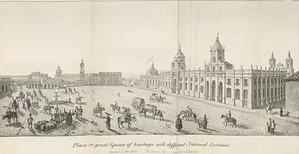 [Colonial] Plaza o great Square of Santiago with different local costumes, in 1826, by John Miers. British Library.