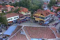 Pomaks dancing during the Eid al-Fitr (Ramazan Bayramı) at Dolno Osenov village. View from the top of the minaret of the local mosque