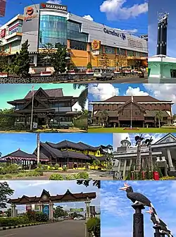 Clockwise from top left: shopping complex in Pontianak Town; the North Pontianak equatorial monument; some of the official government buildings; traditional Malay house; traditional Borneo birds sculpture; road gate of Pontianak city; and Enggang Badak sculpture