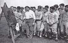 Coach in street clothes uses his cane to point out a diagrammed play, which rests on an easel.