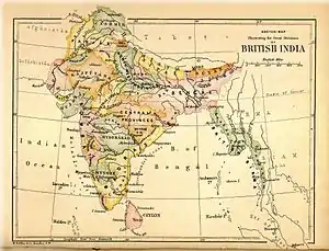 British India in 1880: This map incorporates the provinces of British India, the Princely States and the legally non-Indian Crown Colony of Ceylon.