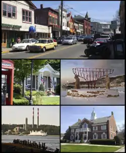 Clockwise from top: a view of shops on Main Street, monument commemorating the village's maritime past, Port Jefferson Village Hall, A ferry passes a local power plant en route to Bridgeport, Connecticut, Port Jefferson Free Library