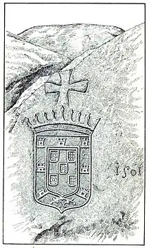 Lithograph of the Portuguese coat of arms carved on a boulder in Sri Lanka.