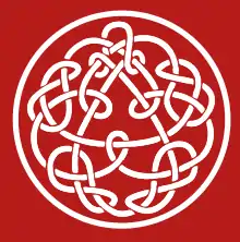 Modern Celtic-inspired design involving a circle surrounding a triangle; between them are undulating and crossing patterns. The background is crimson.