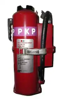 An 18 lb (8.2 kg) US Navy cartridge-operated purple-K dry chemical (potassium bicarbonate) extinguisher