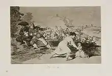 In the distance the town, people fleeing on horseback and by foot. A woman holding one child in her arm reaches for another who has fallen to the ground; as an army approaches.