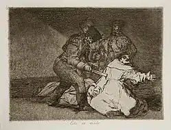 A struggle between nine or more civilians including both men and women against the soldiers. Several civilians have fallen dead, a woman prepares to throw a stone at a soldier's head, while another woman rams a soldier with a long pole; he falls sword in hand, others fight at close quarters with swords and knives. A uniformed soldier to the far right fires his rifle at the civilians shooting them down.