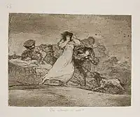 A cart is being loaded with the dead. A man hoists the body of a woman into the arms of a third man standing in the cart, while two other men carry more bodies to the cart to be loaded.