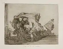 Three elderly men strain under the weight of the church statue that they carry upon their shoulders. They appear to slowly flee, with others also carrying church relics in the distance from danger and destruction