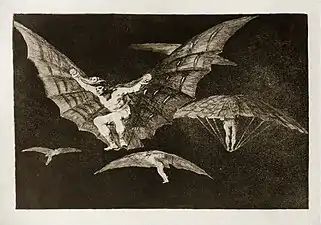 Four or five men fly with contraptions resembling bat's wings attached to their arms.