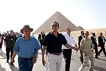 US President Barack Obama tours the Pyramids with Egyptian Egyptologist Zahi Hawass during his famous Cairo speech about a "change" in the US relations with the Islamic world, June 2009.