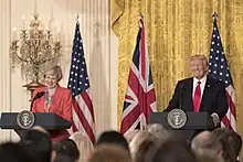 Prime Minister Theresa May and President Donald Trump conducting a press conference in the East Room of the White House, 2017