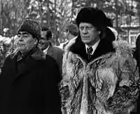 Soviet leader Leonid Brezhnev, President Ford and Rumsfeld in Vladivostok, Soviet Union, November 1974.