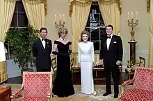 President Ronald Reagan and First Lady Nancy Reagan with Charles, Prince of Wales and Diana, Princess of Wales at the White House during the Waleses' official visit to the United States, 1985