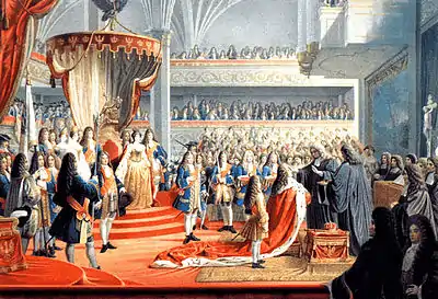 Frederick I of Prussia, being anointed by two Protestant bishops after his coronation at Königsberg in 1701.