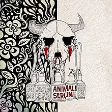 A drawing of a horned animal skull, with blood dripping from it. Five bottles labeled "animal serum" are placed below it, connected to the skull via tubes. The image is placed on a vertically split background, with the left side being a floral ornament and the right side being textured plain white.