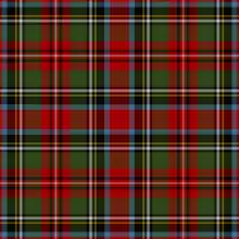 Tartan dominated by red, azure and olive green, with fairly thick black lines and thin over-checks of white, black, and yellow