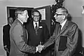 Prince Claus of the Netherlands greets Thijsse at the opening of a colloquium at the Hydraulics Research Laboratory, Delft, 1977