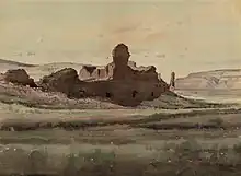 A watercolor painting of a desert pueblo by DeLancey W. Gill.