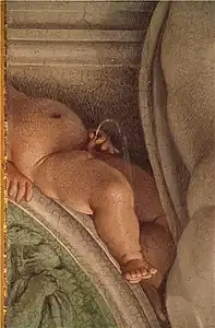 A close up view of a puer mingens by Annibale Carracci, 1600, Palazzo Farnese, Rome