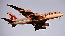 A Qatar Airways A380 approaching Perth Airport, Australia, in 2022