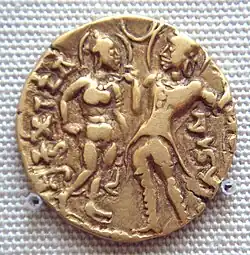 Queen Kumar and King Chandragupta I on a coin of their son Samudragupta 380 CE.