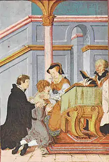 Mary I "healing" scrofula by touch. A 16th-century illustration by the Queen's miniaturist Levina Teerlinc from Queen Mary's manual for blessing cramp rings and touching for Evil. Before 1558