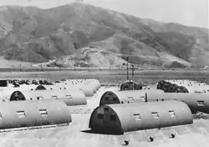 Quonset huts in Point Mugu, California in 1946 (Laguna Peak in background)