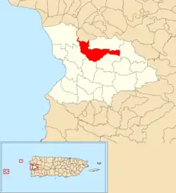 Location of Río Cañas Abajo within the municipality of Mayagüez shown in red