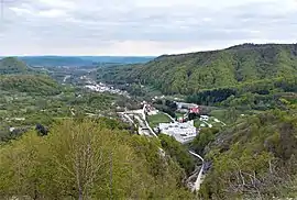 View of Bistrița village, with Bistrița Monastery in the foreground