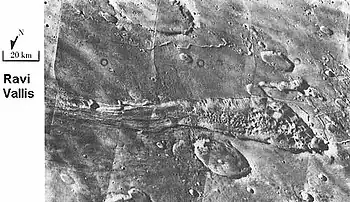 Ravi Vallis, as seen by Viking Orbiter. Ravi Vallis was probably formed when catastrophic floods came out of the ground to the right (chaotic terrain).  Image located in Margaritifer Sinus quadrangle.