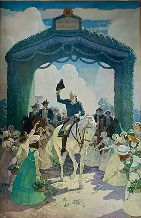 Reception to Washington on April 21, 1789 portraying George Washington's reception at Trenton, 1930