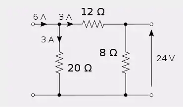 The previous attenuator showing port 1 current splitting to 3 amps in each branch