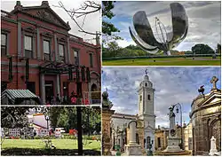 From left to right, top to bottom: the Recoleta Cultural Center, Floralis Genérica, France Square and the Recoleta Cemetery with the Basilica of Our Lady of the Pillar.