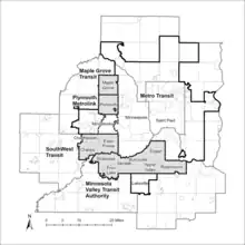 A map of transit service areas within the Twin Cities metropolitan area with SouthWest transit shown in the southwest corner of the map.