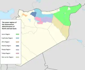 The seven regions of the Autonomous Administration of North and East Syria, the Afrin region in orange